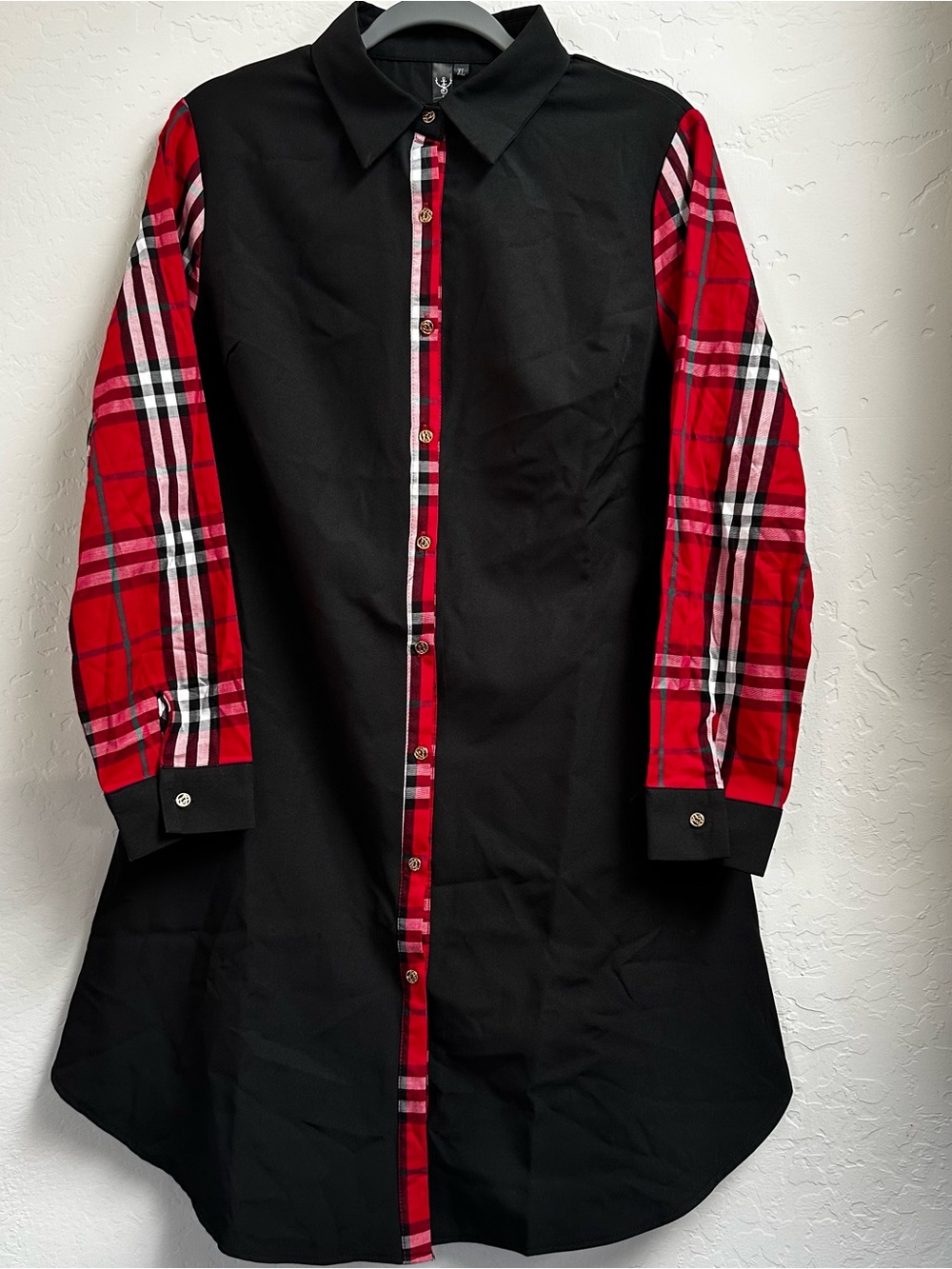 Secret Black Plaid Patchwork Button Down Midi Shirt Dress XL Mixed Media Pocket